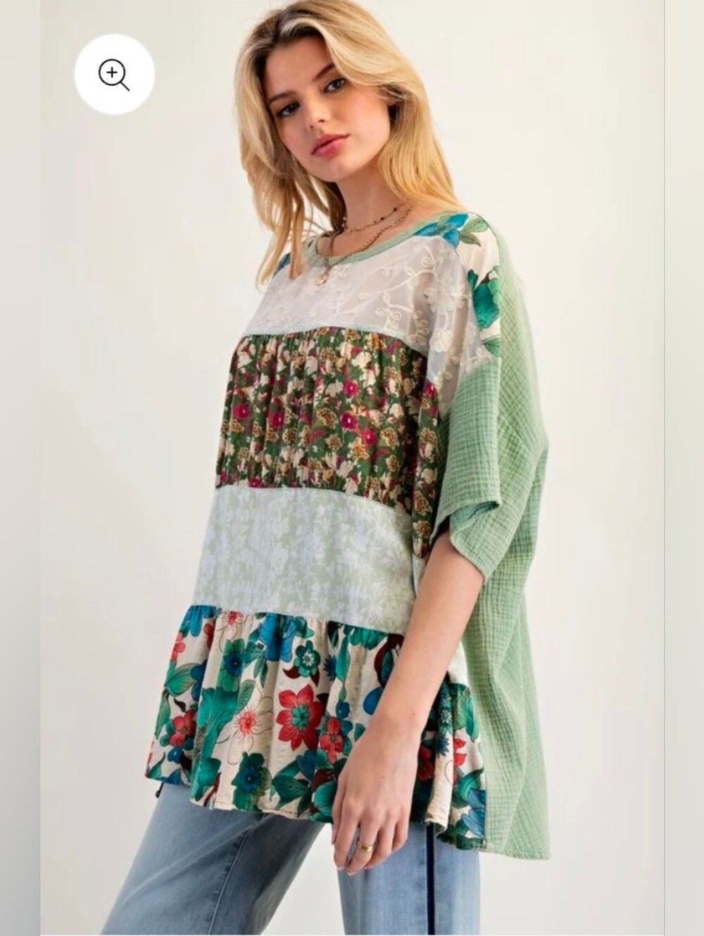 NEW!!! Easel Floral Patchwork Peasant Top in Green, Sz Large, NWT - Picture 4 of 5